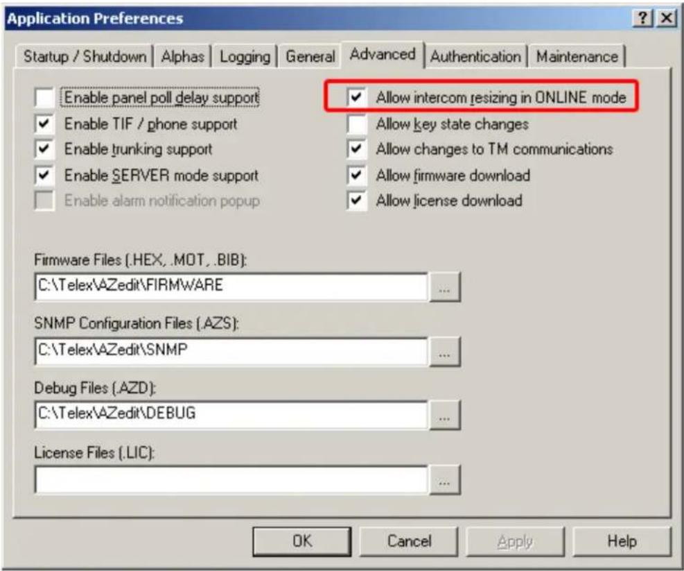 Application Preferences Startup / Shutdown | Alphas | Logging | General | Advanced | Authentication | Maintenance | Enable panel poll delay support Enable TIF / phone support Enable trunking support Enable SERVER mode support Enable alarm notification popup Allow intercom resizing in ONLINE mode Allow key state changes Allow changes to TM communications Allow firmware download Allow license download Firmware Files (.HEX, .MOT, .BIB): C:\Telex\AZedit\FIRMWARE SNMP Configuration Files (.AZS): C:\Telex\AZedit\SNMP Debug Files (.AZD): C:\Telex\AZedit\DEBUG License Files (.LIC): OK Cancel Apply Help