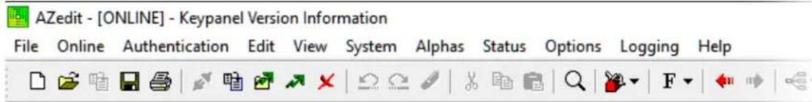 AZedit - [ONLINE] - Keypanel Version Information File Online Authentication Edit View System Alphas Status Options Logging Help
