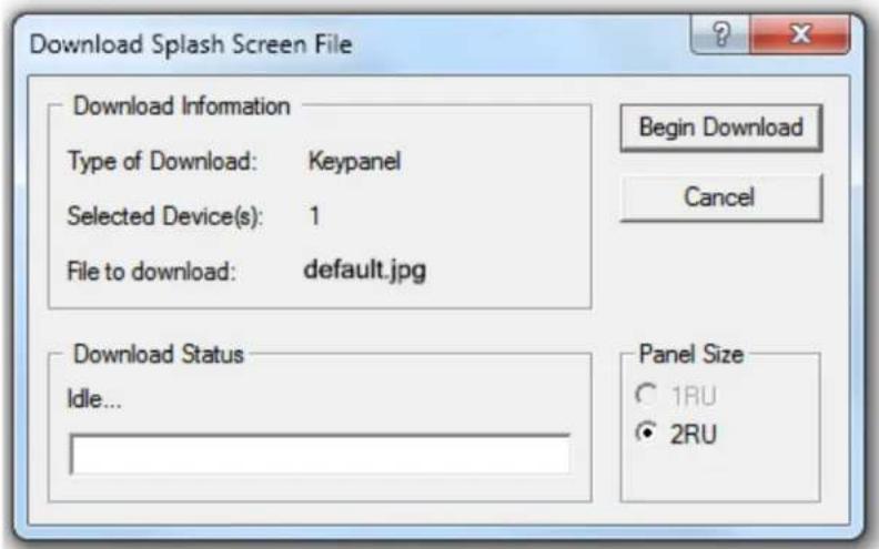 Download Splash Screen File Download Information Type of Download: Keypanel Selected Device(s): 1 File to download: default.jpg Begin Download Cancel Download Status Idle... Panel Size ○ 1RU ● 2RU