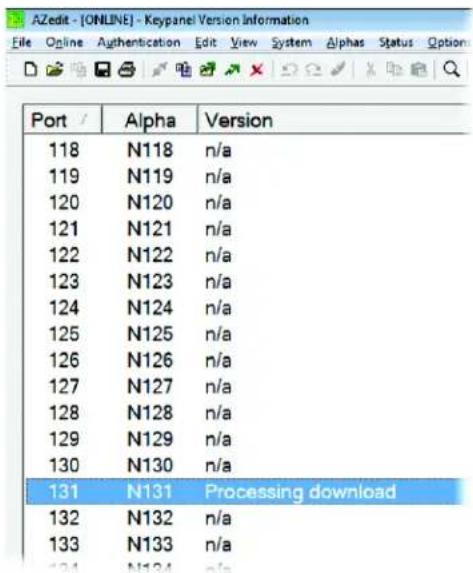 AZedit - [ONLINE] - Keypanel Version Information File Online Authentication Edit View System Alphas Status Option Port Alpha Version 118 N118 n/a 119 N119 n/a 120 N120 n/a 121 N121 n/a 122 N122 n/a 123 N123 n/a 124 N124 n/a 125 N125 n/a 126 N126 n/a 127 N127 n/a 128 N128 n/a 129 N129 n/a 130 N130 n/a 131 N131 Processing download 132 N132 n/a 133 N133 n/a