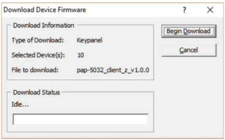 Download Device Firmware Download Information Type of Download: Keypanel Selected Device(s): 10 File to download: pap-5032_client_z_v1.0.0 Download Status Idle...