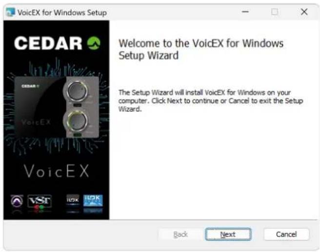 VoicEX for Windows Setup Welcome to the VoicEX for Windows Setup Wizard The Setup Wizard will install VoicEX for Windows on your computer. Click Next to continue or Cancel to exit the Setup Wizard. Back Next Cancel