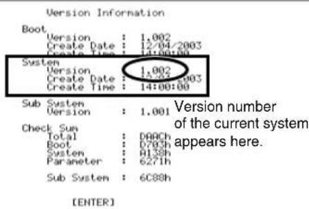Version Information Boot Version : 1.002 Create Date : 12/04/2003 Create Time : 14:00:00 System Version : 1.002 Create Date : 12/07/2003 Create Time : 14:00:00 Sub System : 1.001 Version : 1.001 Check Sum Total : D80Ch Boot : 0765h System : 0138h Parameter : 627h Sub System : 6C88h [ENTER] Version number of the current system appears here.