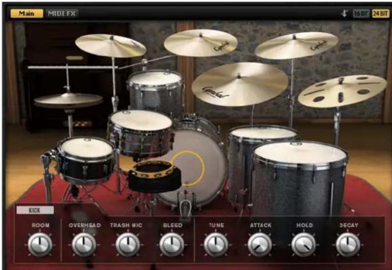 Main MIDI FX 16 BIT 24 BIT KICK ROOM OVERHEAD TRASH MIC BLEED TUNE ATTACK HOLD DECAY