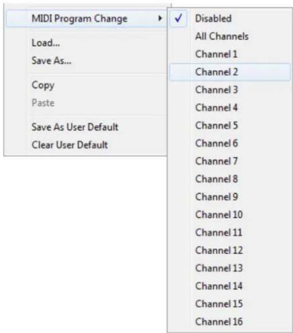 MIDI Program Change Load... Save As... Copy Paste Save As User Default Clear User Default Disabled All Channels Channel 1 Channel 2 Channel 3 Channel 4 Channel 5 Channel 6 Channel 7 Channel 8 Channel 9 Channel 10 Channel 11 Channel 12 Channel 13 Channel 14 Channel 15 Channel 16