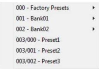 000 - Factory Presets 001 - Bank01 002 - Bank02 003/000 - Preset1 003/001 - Preset2 003/002 - Preset3