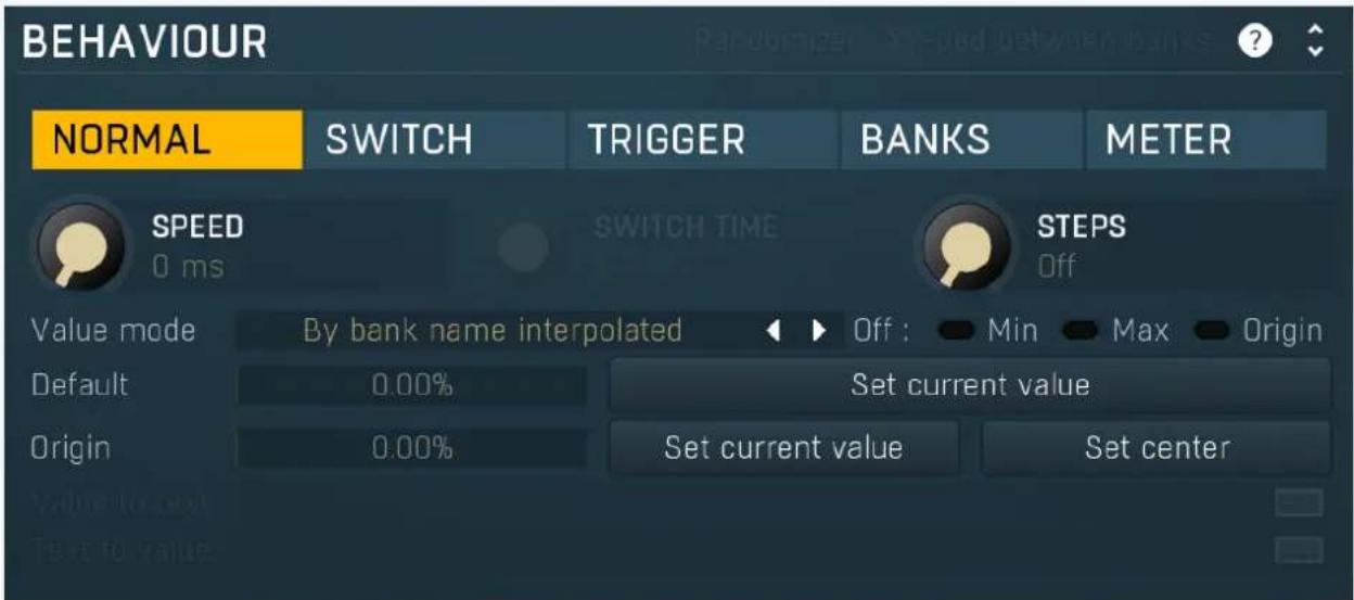 BEHAVIOUR NORMAL SWITCH TRIGGER BANKS METER SPEED 0 ms SWITCH TIME STEPS Off Value mode By bank name interpolated Off : Min Max Origin Default 0.00% Set current value Origin 0.00% Set current value Set center