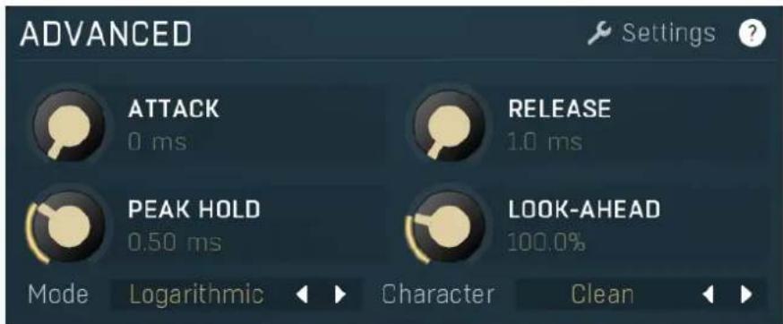 ADVANCED Settings ? ATTACK 0 ms RELEASE 1.0 ms PEAK HOLD 0.50 ms LOOK-AHEAD 100.0% Mode Logarithmic Character Clean