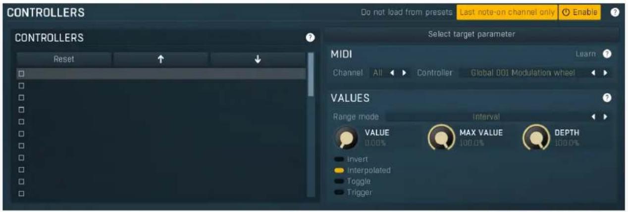 CONTROLLERS Do not load from presets Last note-on channel only Enable CONTROLLERS Reset Select target parameter MIDI Learn Channel All Controller Global 001 Modulation wheel VALUES Range mode interval VALUE MAX VALUE DEPTH 0.00% 100.0% invert Interpolated Toggle Trigger