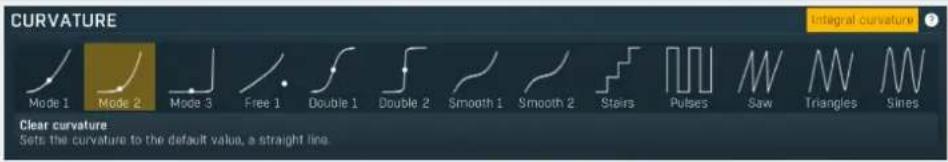 CURVATURE Mode 1 Mode 2 Mode 3 Free 1 Double 1 Double 2 Smooth 1 Smooth 2 Stairs Pulses Saw Triangles Sires Clear curvature Sets the curvature to the default value, a straight line. Integral curvature