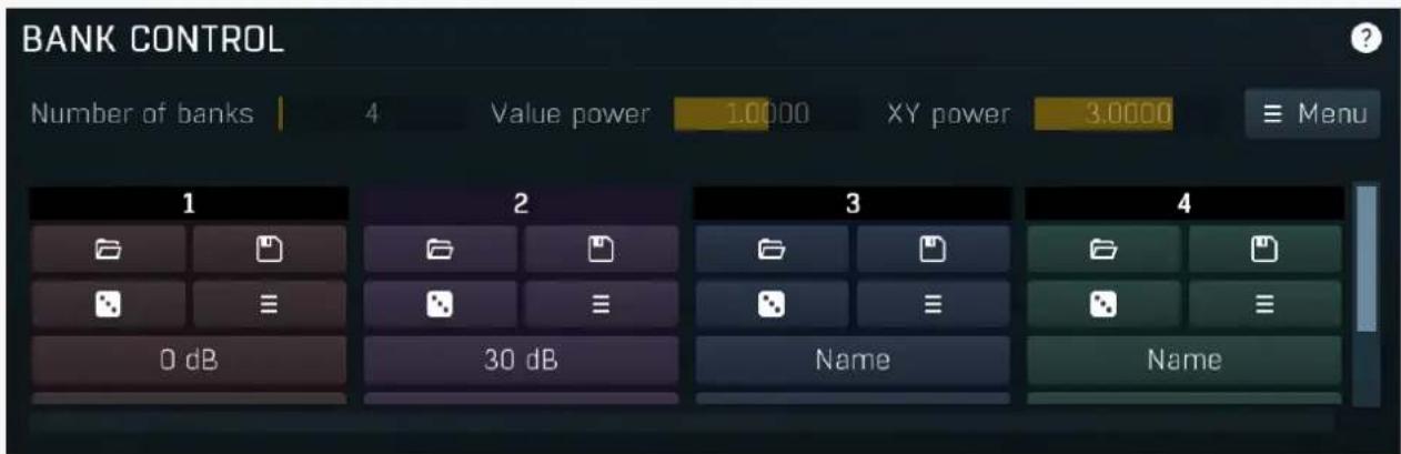 BANK CONTROL Number of banks | 4 Value power 1.0000 XY power 3.0000 ≡ Menu 1 2 3 4 0 dB 30 dB Name Name