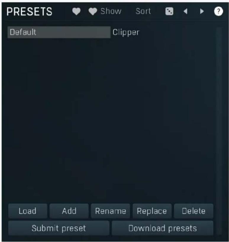 PRESETS Default Clipper Load Add Rename Replace Delete Submit preset Download presets