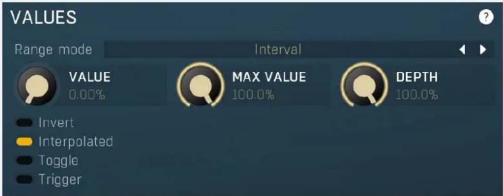 VALUES Range mode Interval VALUE MAX VALUE DEPTH 0.00% 100.0% 100.0% Invert Interpolated Toggle Trigger