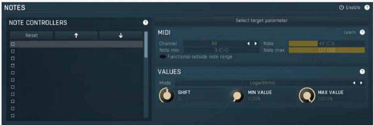 NOTES NOTE CONTROLLERS Reset Select target parameter MIDI Learn Channel All Note 48 (C3) Note min 0 (C-1) Note max 127 (69) Functional outside note range VALUES Mode Logarithmic SHIFT MIN VALUE MAX VALUE 0 0.00% 100.0%