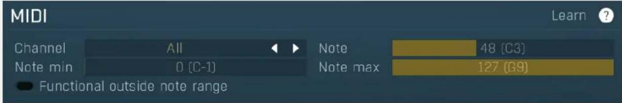 MIDI Learn ? Channel All Note 48 [C3] Note min 0 (C-1) Note max 127 (G9) Functional outside note range
