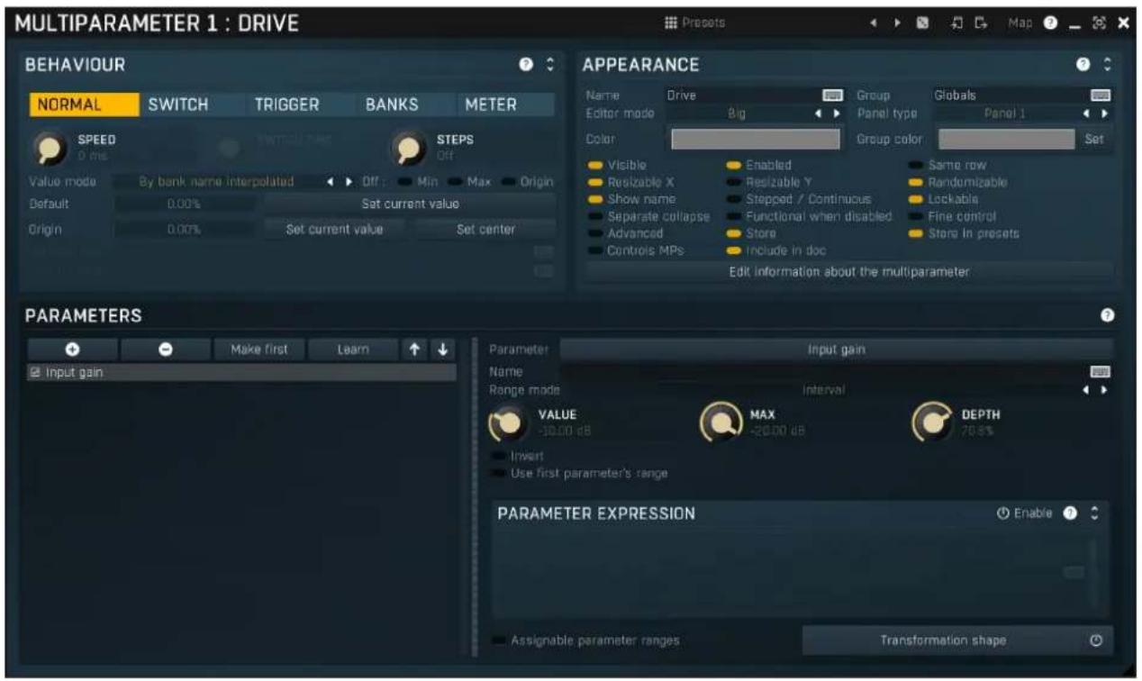 MULTIPARAMETER 1 : DRIVE BEHAVIOUR NORMAL SWITCH TRIGGER BANKS METER SPEED D-line SWITCH PASS Value mode By bank name interpolated Off Min Max Origin Default 0.00% Set current value Origin 0.00% Set current value Set center APPEARANCE Name Drive Group Globals Editor mode Big Panel type Panel 1 Color Group color Set Visible Enabled Same row Resizable X Resetable Y Randomizable Show name Stepped / Continuous Lockable Separate collapse Functional when disabled Fine control Advanced Store Store In presets Controls MPs Include in doc Edit information about the multiparameter PARAMETERS Input gain Parameter Input gain Name Interval Range mode VALUE MAX DEPTH -30.0 dB -20.0 dB 70.8% Invert Use first parameter's range PARAMETER EXPRESSION Enable Assignable parameter ranges Transformation shape