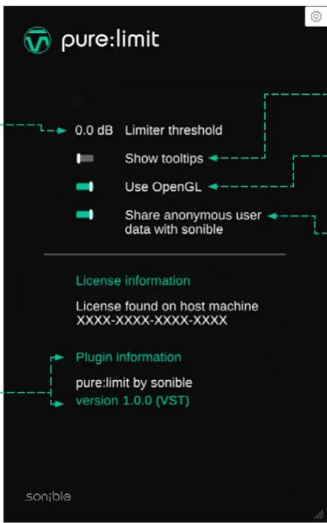 pure:limit 0.0 dB Limiter threshold Show tooltips Use OpenGL Share anonymous user data with sonible License information License found on host machine XXXX-XXXX-XXXX-XXXX Plugin information pure:limit by sonible version 1.0.0 (VST) sonible