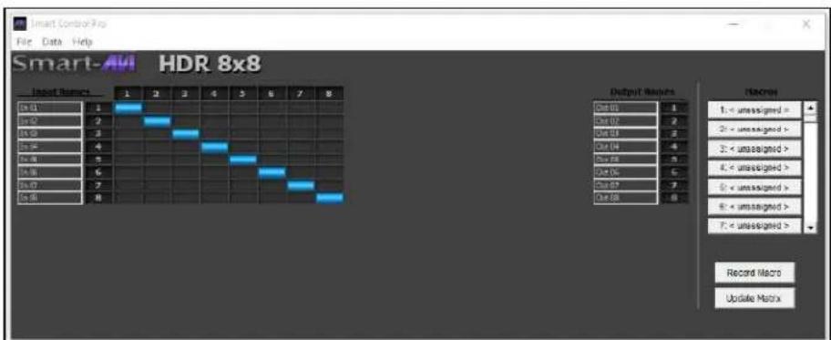Smart-Control Pro File Data Help Smart-AVI HDR 8x8 Input Numbers 1 2 3 4 5 6 7 8 Output Numbers 1 unassigned > 2 < unsigned > 3 < unsigned > 4 < unsigned > 5 < unsigned > 6 < unsigned > 7 < unsigned > Record Macro Update Matrix
