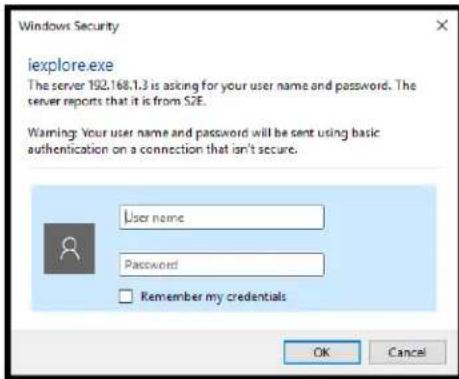 Windows Security iexplore.exe The server 192.168.1.3 is asking for your user name and password. The server reports that it is from SZE. Warning: Your user name and password will be sent using basic authentication on a connection that isn't secure. User name Password Remember my credentials OK Cancel