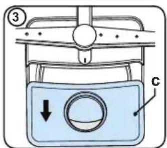 Diagram of a device with labeled parts and directional arrow, showing a container with a circular component and labeled component C.