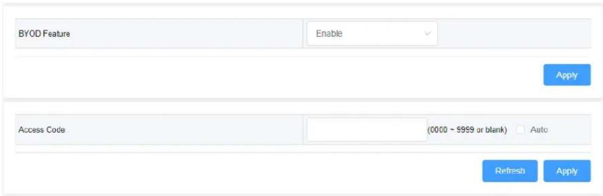 BYOD Feature Enable Apply Access Code (0000 ~ 9999 or blank) □ Auto Refresh Apply