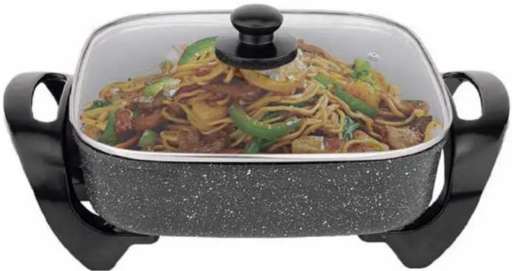 Exterior view of a modern glass-cranked cooking pot with stir-fried noodles and vegetables (no text or symbols visible)