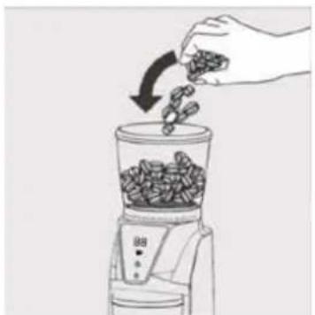 Illustration of a hand pouring seeds from a blender into a container (no text or symbols)