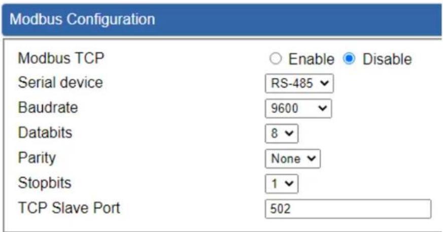 Modbus Configuration Modbus TCP Serial device RS-485 Baudrate 9600 Databits 8 Parity None Stopbits 1 TCP Slave Port 502 Enable Disable