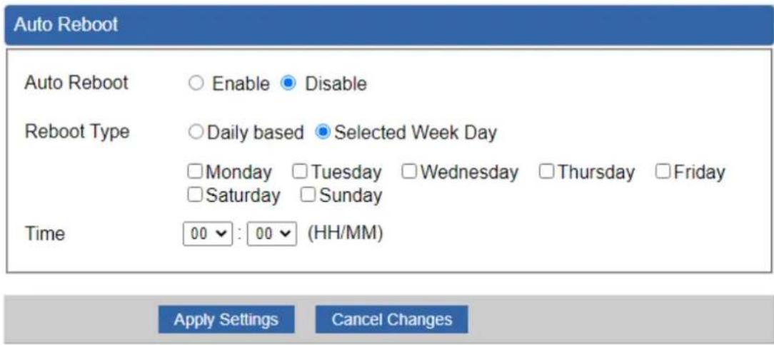 Auto Reboot Auto Reboot ○ Enable ● Disable Reboot Type ○ Daily based ● Selected Week Day □ Monday □ Tuesday □ Wednesday □ Thursday □ Friday □ Saturday □ Sunday Time 00 ▼ : 00 ▼ (HH/MM) Apply Settings Cancel Changes