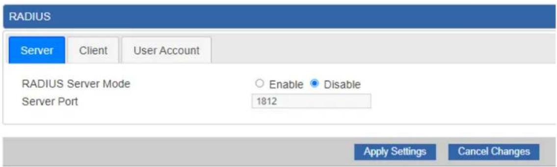 RADIUS Server Client User Account RADIUS Server Mode Server Port Enable Disable 1812 Apply Settings Cancel Changes