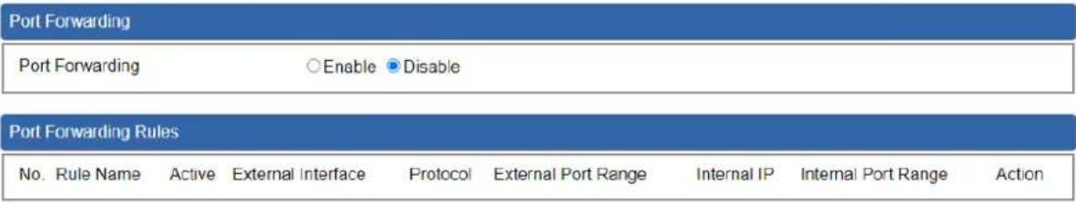 Port Forwarding Port Forwarding Enable Disable Port Forwarding Rules No. Rule Name Active External Interface Protocol External Port Range Internal IP Internal Port Range Action