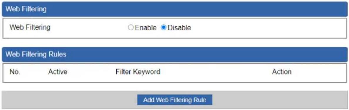 Web Filtering Web Filtering Enable Disable Web Filtering Rules No. Active Filter Keyword Action Add Web Filtering Rule