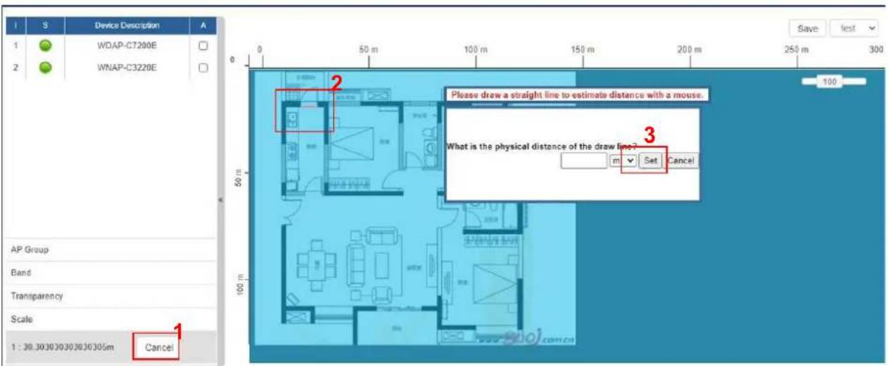 Device Description WDAP-C7200E WNAP-C3220E 1 : 30.303030303030305m Cancel AP Group Band Transparency Scale Please draw a straight line to estimate distance with a mouse. What is the physical distance of the draw line? m ▼ Set Cancel 100 50 m 100 m 150 m 200 m 250 m 300 Save test 100