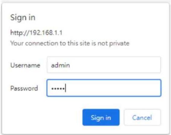 Sign in http://192.168.1.1 Your connection to this site is not private Username admin Password ...... Sign in Cancel