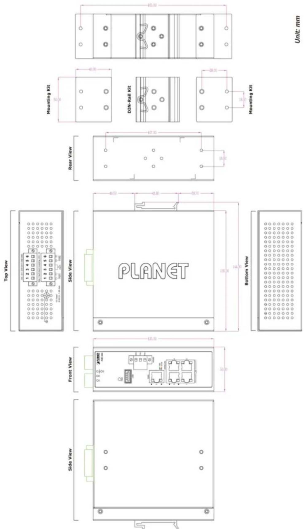 Top View 1 2 3 4 5 6 1 2 3 4 5 6 Side View PLANET Front View Side View Mounting Kit DIN-Rail Kit Mounting Kit Rear View Bottom View Unit: mm