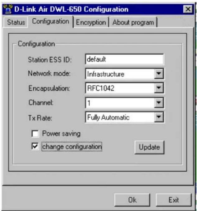 D-Link Air DWL-650 Configuration Status Configuration Encryption About program Configuration Station ESS ID: default Network mode: Infrastructure Encapsulation: RFC1042 Channel: 1 Tx Rate: Fully Automatic Power saving change configuration Update Ok Exit