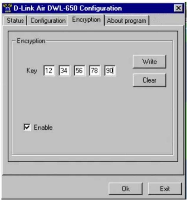 D-Link Air DWL-650 Configuration Status Configuration Encryption About program Encryption Key 12 34 56 78 90 Write Clear Enable Ok Exit