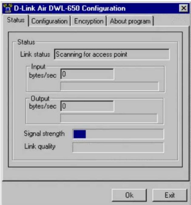 D-Link Air DWL-650 Configuration Status Configuration Encryption About program Status Link status Scanning for access point Input bytes/sec 0 Output bytes/sec 0 Signal strength Link quality Ok Exit