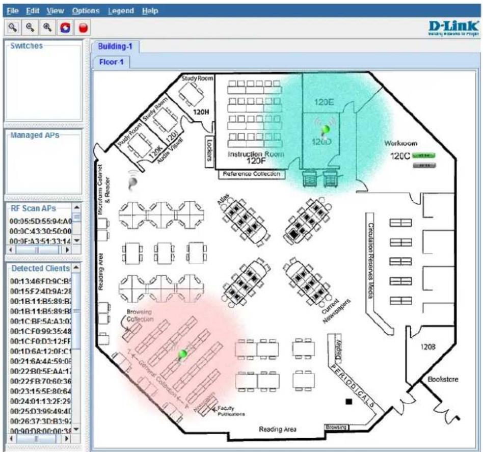 File Edit View Options Legend Help D-Link Security Retours in Project Switches Building-1 Floor-1 Managed APs RF Scan APs 00:05:5D:55:94:A0 00:0C:43:30:50:00 00:0E:A3:51:33:14 Detected Clients 00:13:46:FD:9C:B5 00:15:F2:4D:9A:28 00:1B:11:B5:89:B6 00:1B:11:B5:89:B7 00:1C:BF:5A:A3:02 00:1C:F0:99:35:48 00:1C:F0:D3:12:FF 00:1D:6A:12:0F:C1 00:21:6A:4A:59:06 00:22:B0:5EAA:17 00:22:FB:70:60:36 00:23:15:E8:60:64 00:24:01:13:2F:29 00:25:D3:99:49:40 00:26:37:3D:B3:92 00:30:D8:00:00:38 Reading Area Browsing Collection General Collection Faculty Publications Reference Collection Study Room Study Room Study Room Audio Visual Locus StudyRoom 120H 120E 120D Workroom 120C Area Browsing Collection Current Newspapers Circulation Reserves Nets 120B Bookstore Display PERIODICALS Reading Area Browsing