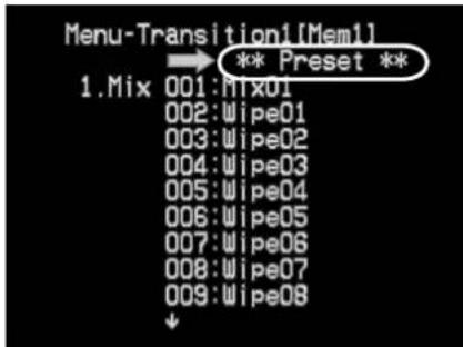Menu-Transition1[Mem1] 1.Mix 001:Mtx01 002:Wipe01 003:Wipe02 004:Wipe03 005:Wipe04 006:Wipe05 007:Wipe06 008:Wipe07 009:Wipe08 ↓ ** Preset **