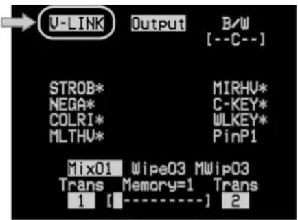 U-LINK Output B/W [--C--] STROB* NEGA* COLRI* MLTHV* MIRHU* C-KEY* WLKEY* PinP1 Mix01 Wipe03 MWip03 Trans Memory=1 Trans 1 [----] 2