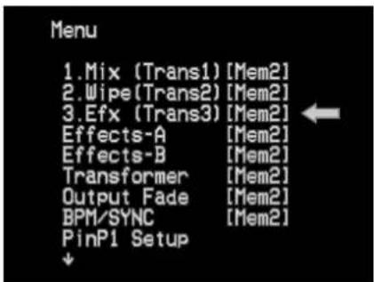 Menu 1.Mix (Trans1) [Mem2] 2.Wipe(Trans2) [Mem2] 3.Efx (Trans3) [Mem2] Effects-A [Mem2] Effects-B [Mem2] Transformer [Mem2] Output Fade [Mem2] BPM/SYNC [Mem2] PinP1 Setup
