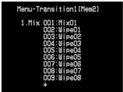 Menu-Transition1 [Mem2] 1.Mix 001:Mix01 002:Wipe01 003:Wipe02 004:Wipe03 005:Wipe04 006:Wipe05 007:Wipe06 008:Wipe07 009:Wipe08 ↓