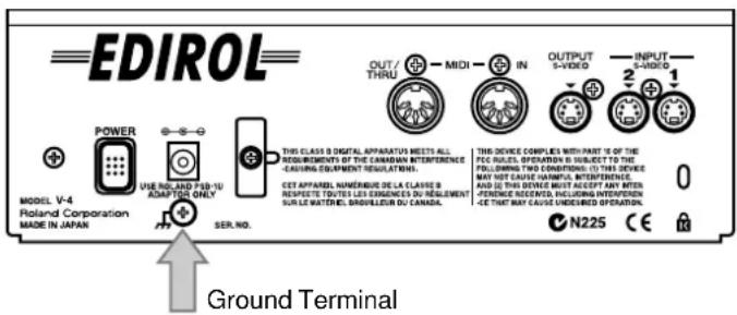 EDIROL OUT / THRU MIDI IN OUTPUT S-VIDEO INPUT 2 1 2 1 POWER USE ROLLAND PAB/1U ADAPTER ONLY SER. NO. THIS CLASS B DIGITAL APPARATUS MEETS ALL REQUIREMENTS OF THE CANADIAN INTERFERENCE -CAUSING EQUIPMENT REGULATIONS. CET APPAROL NUMERATURE DE LA CLASSE B RESPECTE TO YUES LES EXAMENCES DU RESILUENT OUR LE WATTLENE, SHIVILLIER DU CANADA. THIS DEVICE COMPLIES WITH PART IS OF THE PEQ RULES, OPERATION IS SUBJECT TO THE POLLURING TWO CONDITIONS: (1) THIS DEVICE WAY NOT CAUSE HAWNTLE INTERFERENCE, ANY NOT CAUSE HAWNTLE INTERFERENCE, AND [2] THIS DEVICE MUST ACCEPT ANY AFTER PERFORMANCE PROCESSED, INCLUDING INTERFERENCE, CET THAT WAY CANAL UNNEERED OPERATION. N225 CE R Ground Terminal