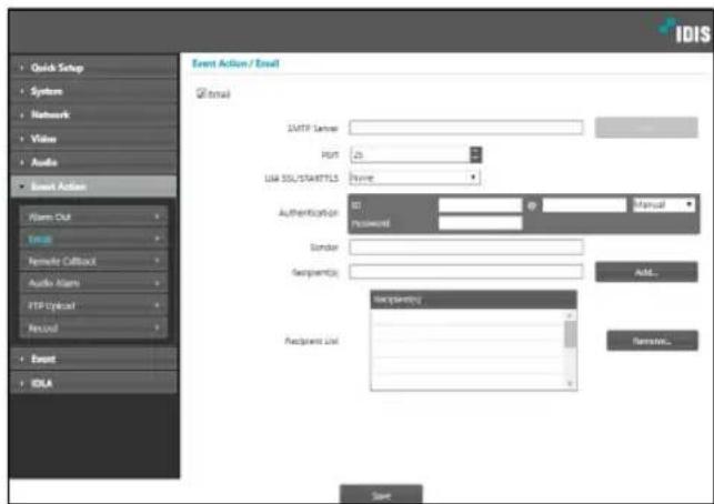 IDIS Quick Setup System Network Video Audio Event Action Alarm Out USB Remote Callout Audio Alarm FTP Upload Manual Event IDLA Event Action / Email Email SMTP Server HUT USB SSL/STARTTLS Authentication Password Border Specificity: Accepting Accepting List Manual Add... Remove... Start