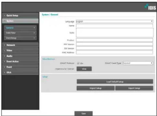 IDIS Quick Setup System Service Data/Time User/Setup Network Video Audio Event Action Event IDIA System / General Language: English Name: Type: Product: MAC Version: SIV Version: MAC Address Maintenance ON/OF Protocol On On/OFF Case Type Normal Operational Events View Setup Load Default Setup Import Setup Export Setup Save