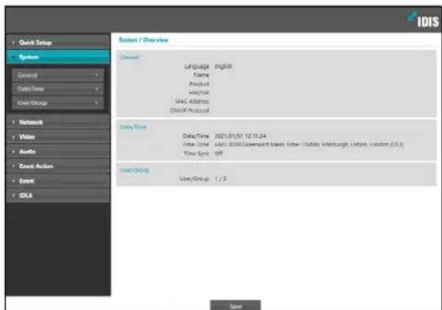 Quick Setup System General Data/Time Show Group Network Video Audio Event Action Event IDIA System / Overview Command: Language: english Name: Product: MAC Address: OSVIF Protocol Sales Time: Date/Time 2021/01/01 12:11:24 Time Zone: UAI 2021 Greenshift Annex: Inner- Location, Edinburgh, London, London (N.V.) Time Sync: OFF ISSN/ISSNQ UserGroup: 1 / 3 Save