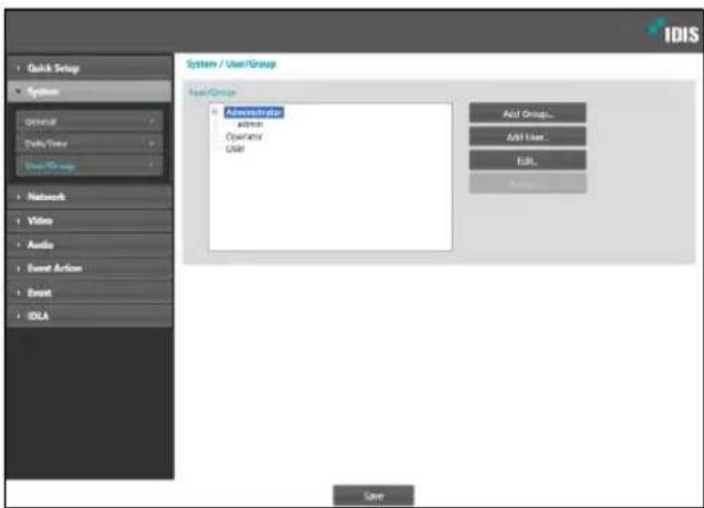 IDIS System / User/Group User/Group Administrative admin Operator User Acid Group... Add User... Edit... User