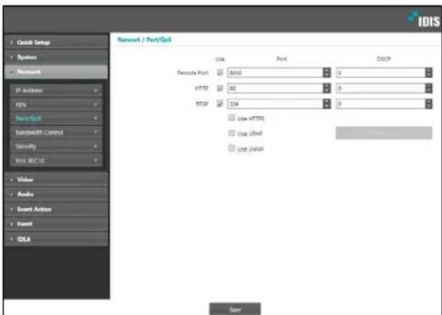 IDIS Quick Setup System Network IP Address FEN Ports/Port Bandwidth Control Security WBS 902.16 Video Audio Event Action Event IDLA Network / Port/OcS Use Port DSCP Remote Port 8016 0 HTTP 80 0 RTSP 124 0 Use HTTP1 Use USB USB JNAM Save