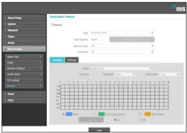 IDIS Quick Setup Systems Network Video Audio Event Action / Reward Record Type: Normal Value Total Capacity: None Record Active: 100% Opacity: 0% Schedule Settings Mode: Color Time Duration: Non-Event 10 sec Threshold: 10 sec OK Finish Temperature/Outcome Silver Layer OK Save